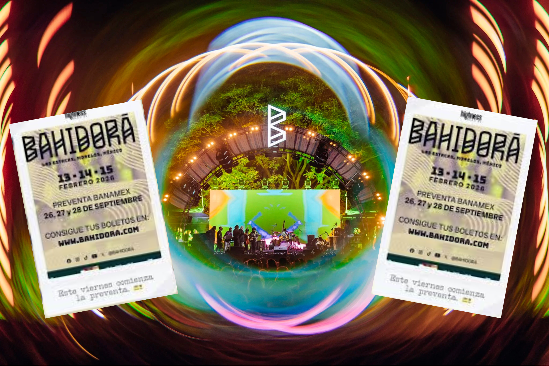 imagen del festival Bahidorá junto a un par de flyers con las fechas oficiales del festival